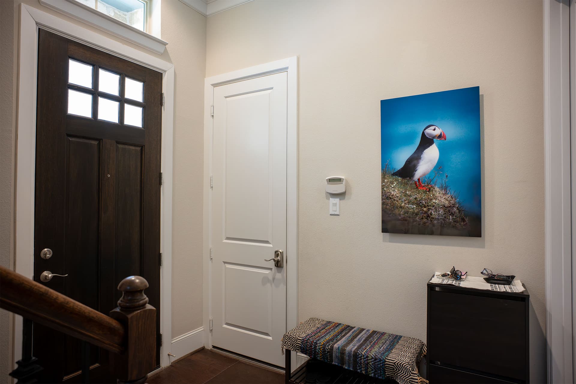 Encounter, Puffin print hanging in an entryway