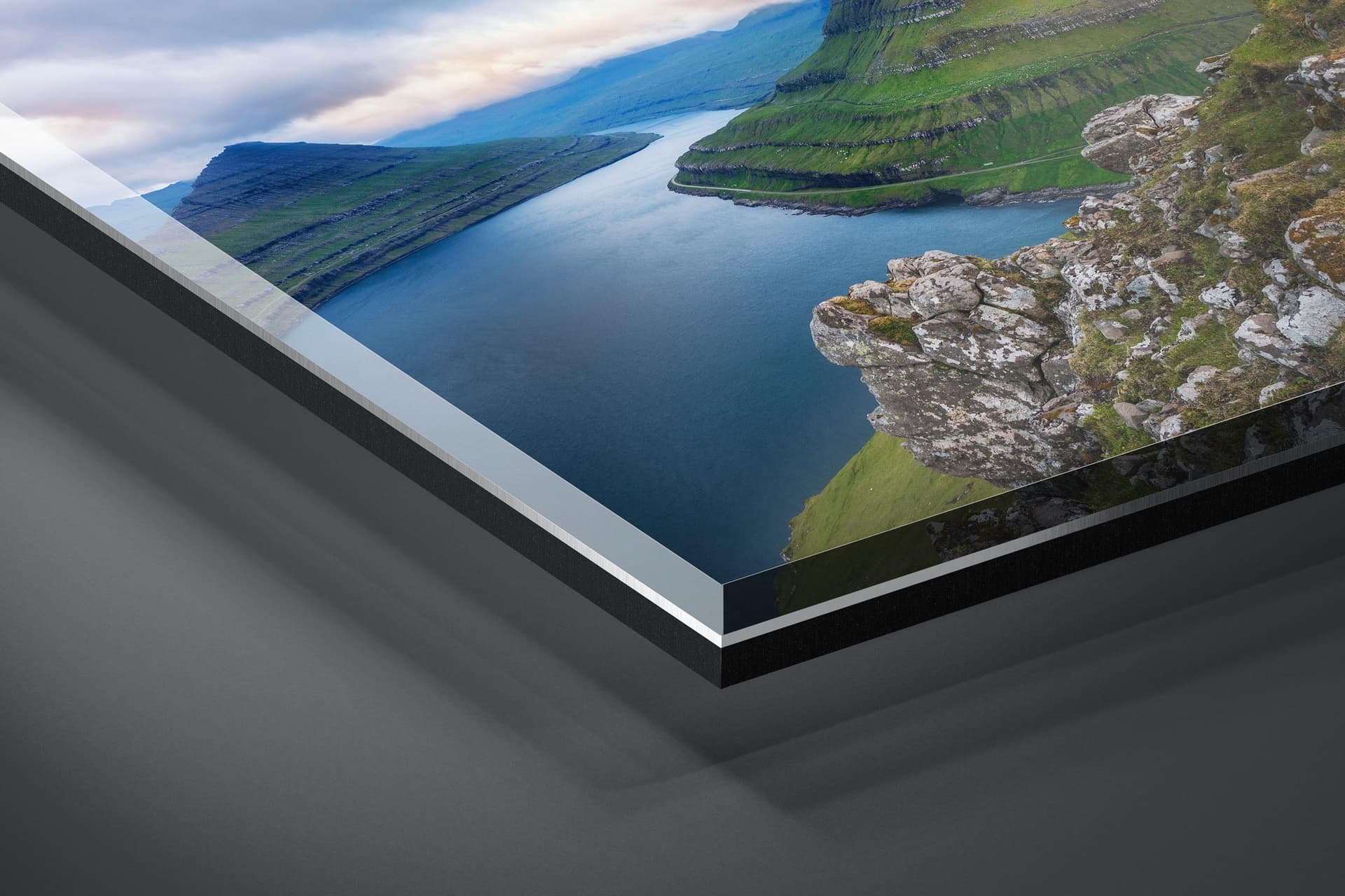 Fine art limited edition acrylic print of Fjord in Gjogv, Faroe Islands by Brent Goldman Photography