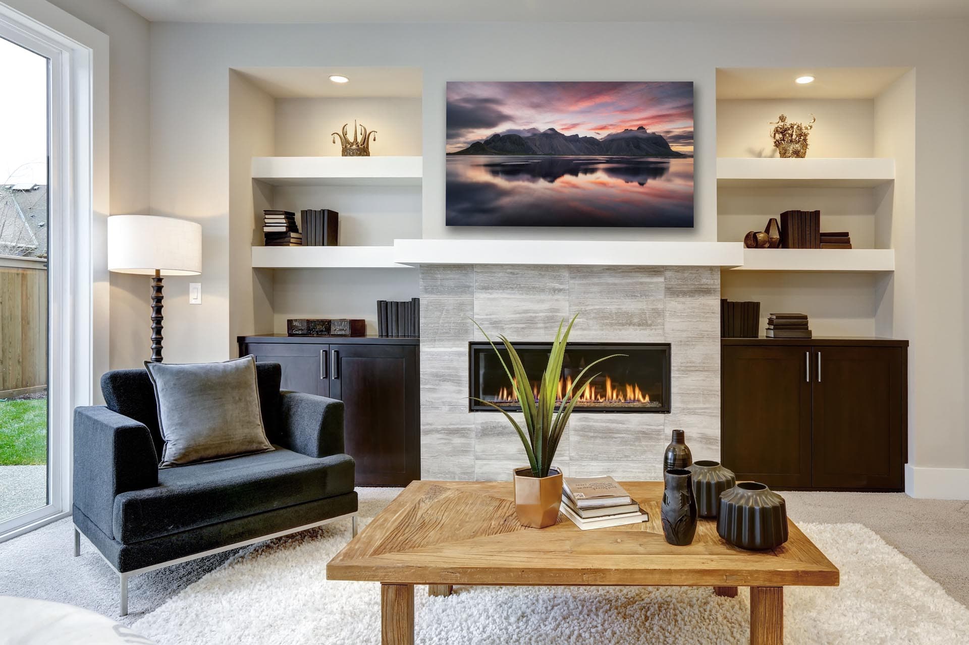 Fine art photography print displayed above a mantle in a modern living room