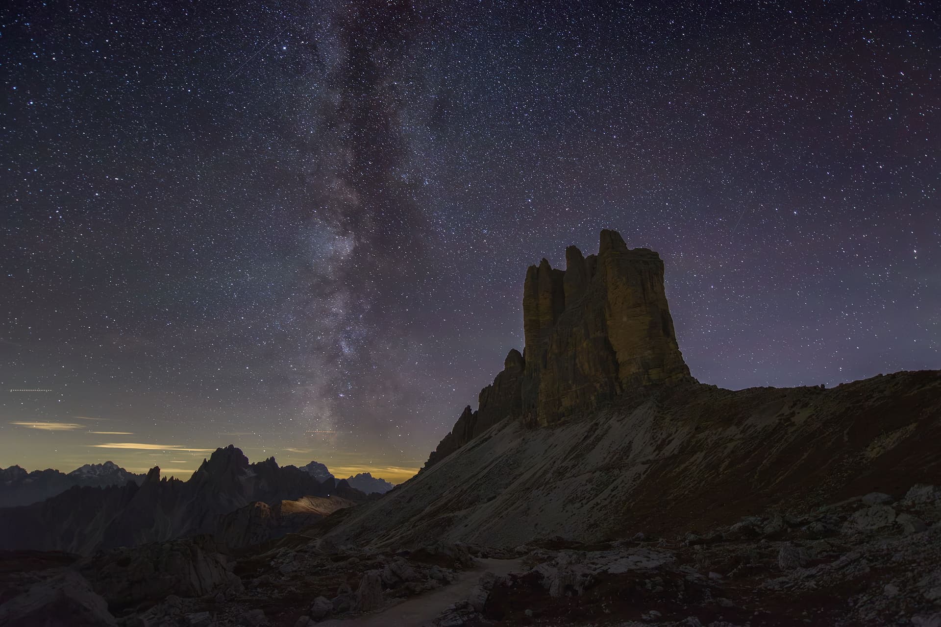 Milky Way over a rock tower in the Dolomites