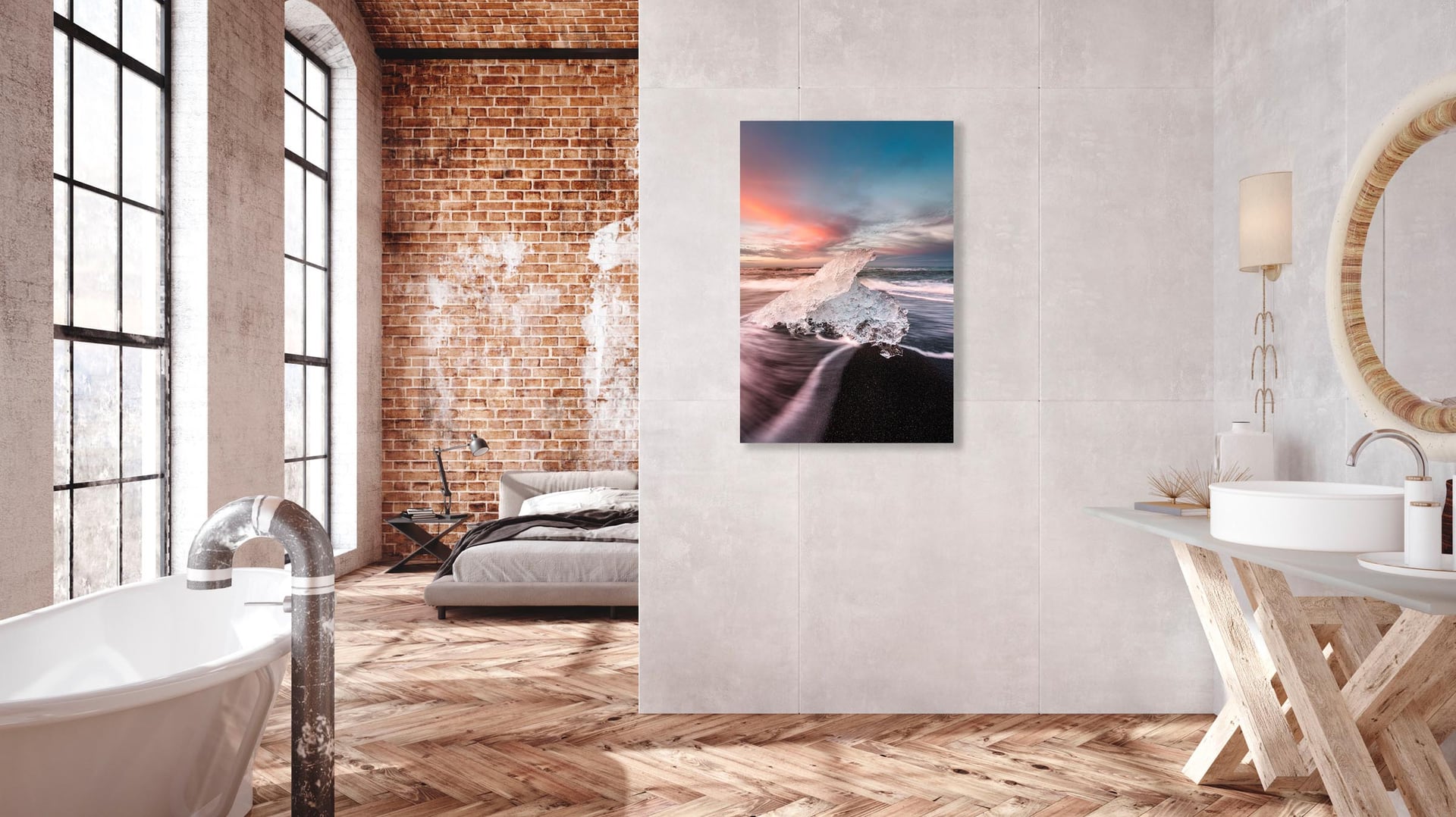 A cool blue Iceland ice beach print displayed on a concrete wall in a loft style bath