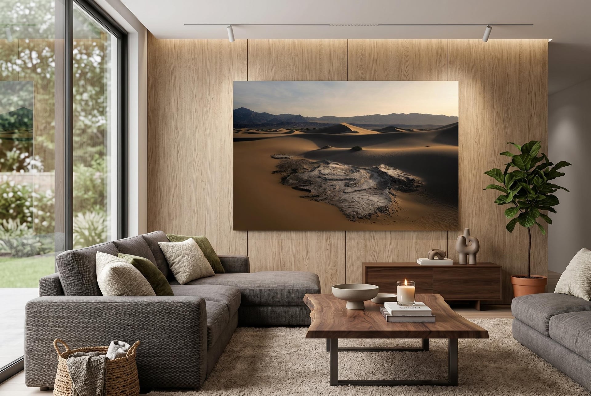 A fine art desert dune print installed on a wood paneled wall in a modern living room